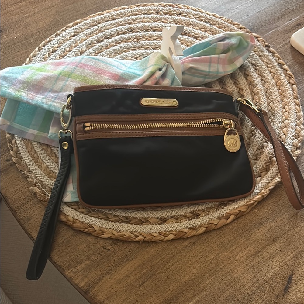 Michael Kors Black Nylon and Brown Leather Mini Handbag/Wristlet